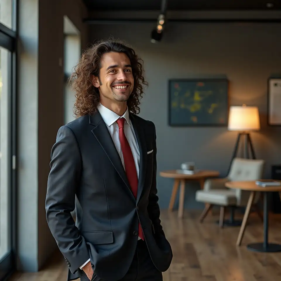 Empresário português sorrindo ao lado de contentores no porto