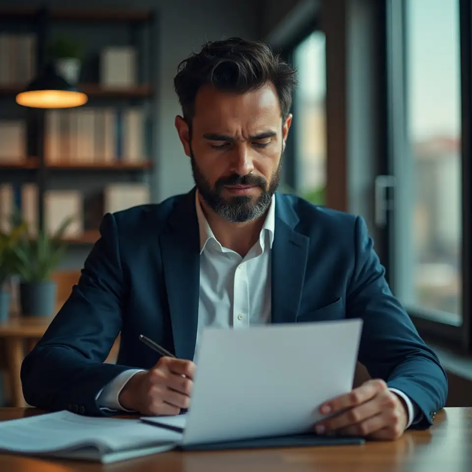 Empresário planejando exportação em escritório com documentos