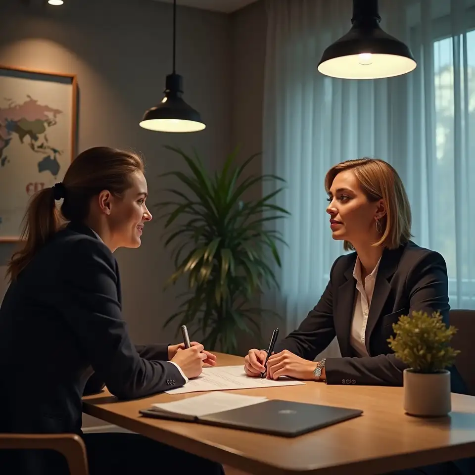 Consultora e entrevistadora conversando em escritório